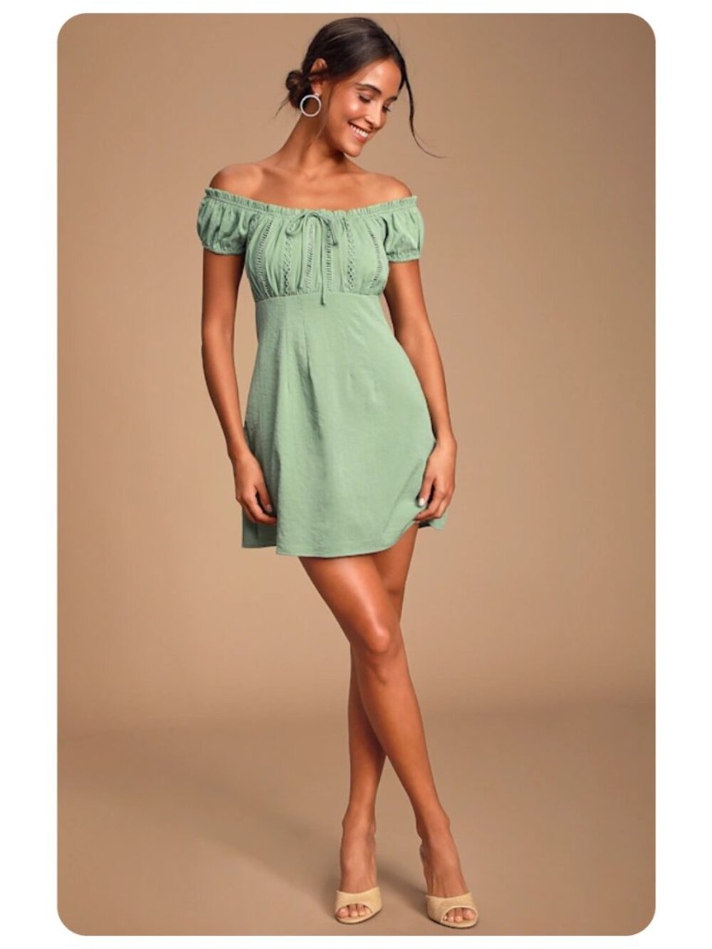 NWT Lulus Wisteria Sage Green Embroidered Off The Shoulder Mini Dress sz S - Picture 2 of 9